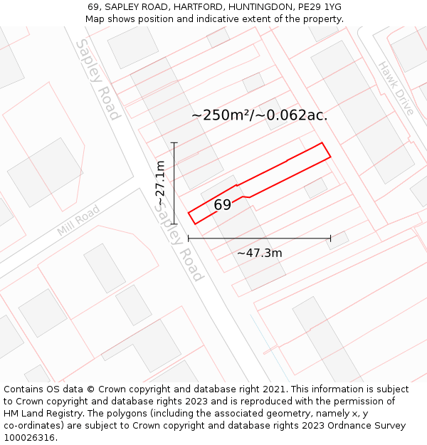 69, SAPLEY ROAD, HARTFORD, HUNTINGDON, PE29 1YG: Plot and title map