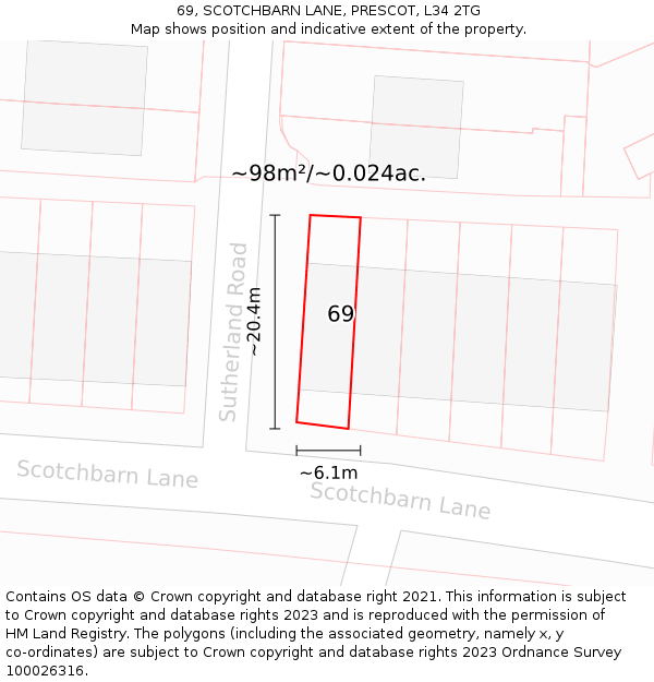 69, SCOTCHBARN LANE, PRESCOT, L34 2TG: Plot and title map