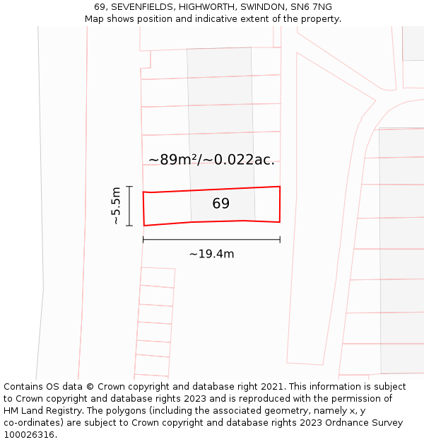 69, SEVENFIELDS, HIGHWORTH, SWINDON, SN6 7NG: Plot and title map