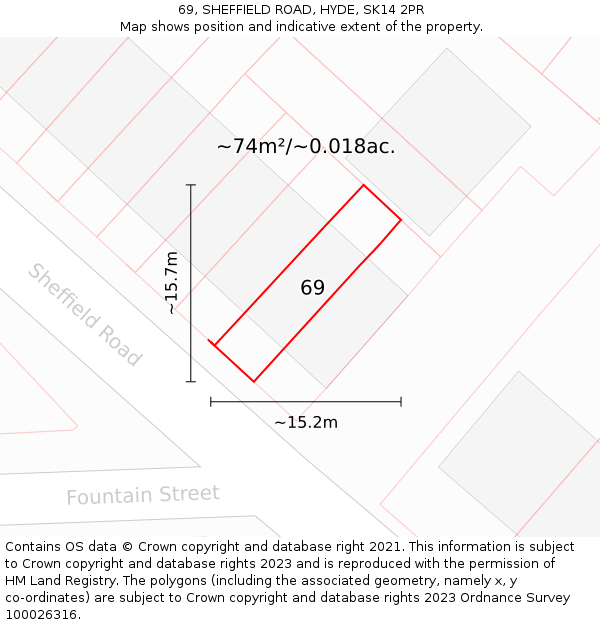 69, SHEFFIELD ROAD, HYDE, SK14 2PR: Plot and title map