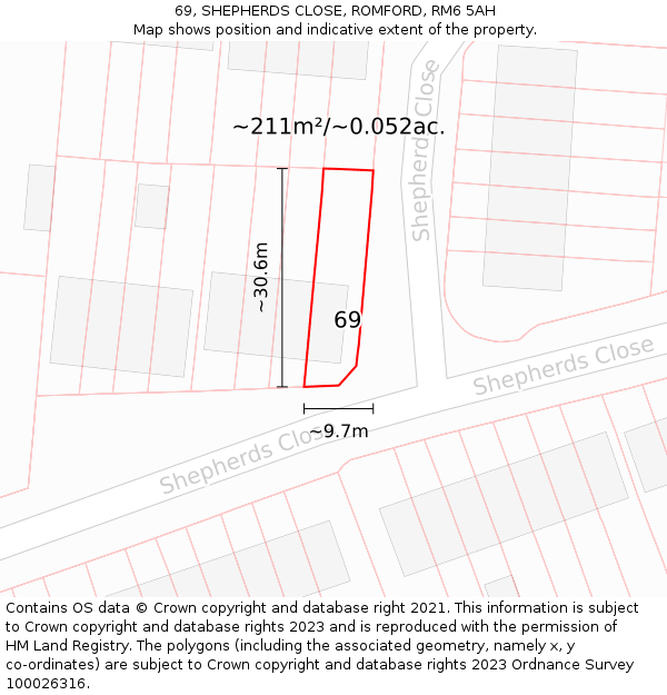 69, SHEPHERDS CLOSE, ROMFORD, RM6 5AH: Plot and title map