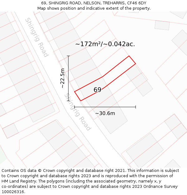 69, SHINGRIG ROAD, NELSON, TREHARRIS, CF46 6DY: Plot and title map