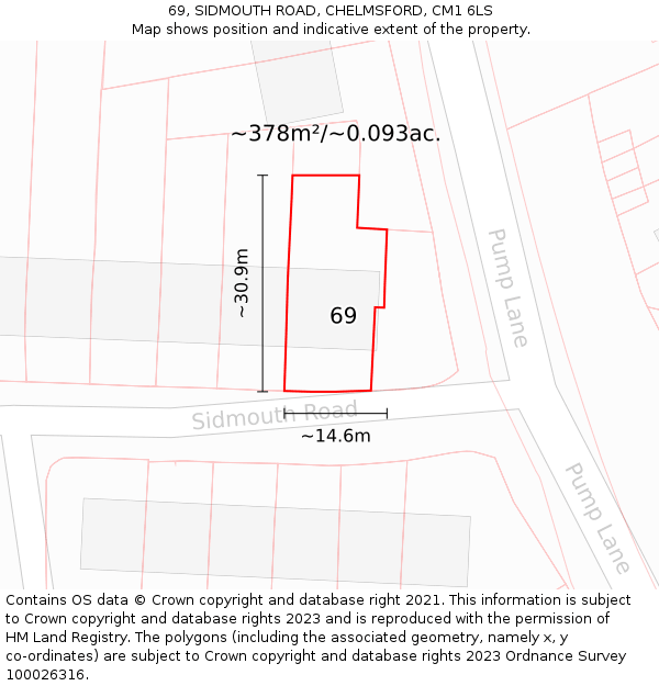 69, SIDMOUTH ROAD, CHELMSFORD, CM1 6LS: Plot and title map