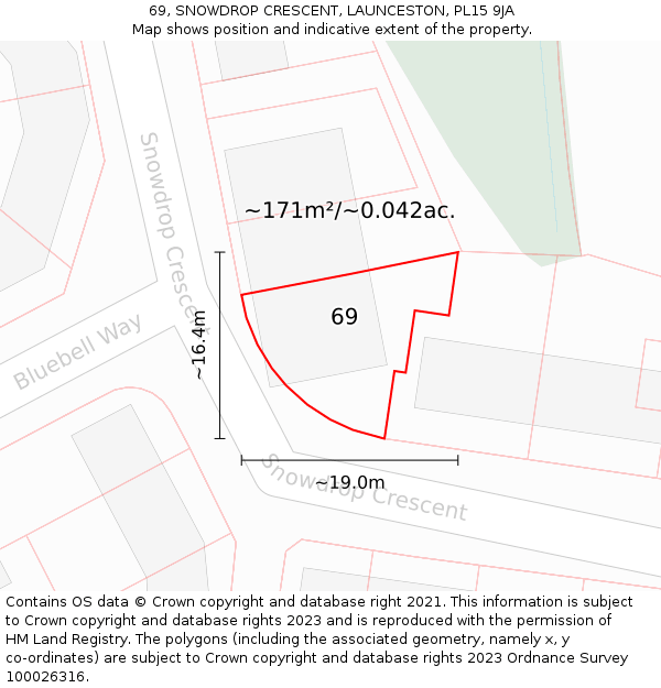 69, SNOWDROP CRESCENT, LAUNCESTON, PL15 9JA: Plot and title map