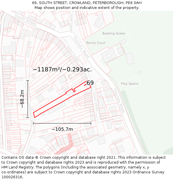 69, SOUTH STREET, CROWLAND, PETERBOROUGH, PE6 0AH: Plot and title map