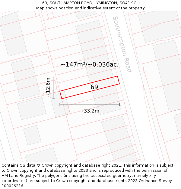 69, SOUTHAMPTON ROAD, LYMINGTON, SO41 9GH: Plot and title map