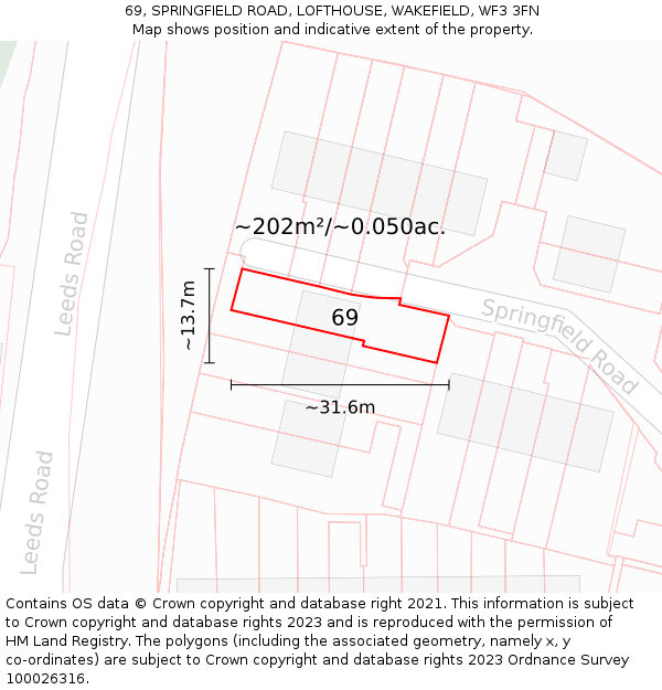 69, SPRINGFIELD ROAD, LOFTHOUSE, WAKEFIELD, WF3 3FN: Plot and title map
