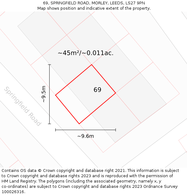 69, SPRINGFIELD ROAD, MORLEY, LEEDS, LS27 9PN: Plot and title map