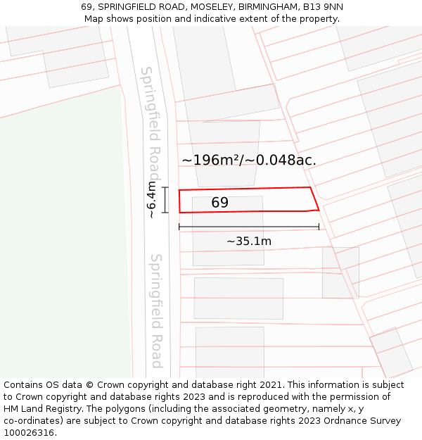 69, SPRINGFIELD ROAD, MOSELEY, BIRMINGHAM, B13 9NN: Plot and title map