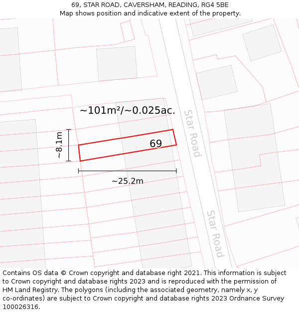 69, STAR ROAD, CAVERSHAM, READING, RG4 5BE: Plot and title map