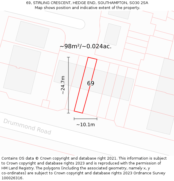 69, STIRLING CRESCENT, HEDGE END, SOUTHAMPTON, SO30 2SA: Plot and title map