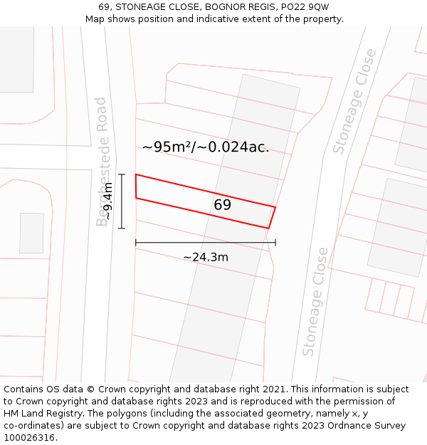 69, STONEAGE CLOSE, BOGNOR REGIS, PO22 9QW: Plot and title map