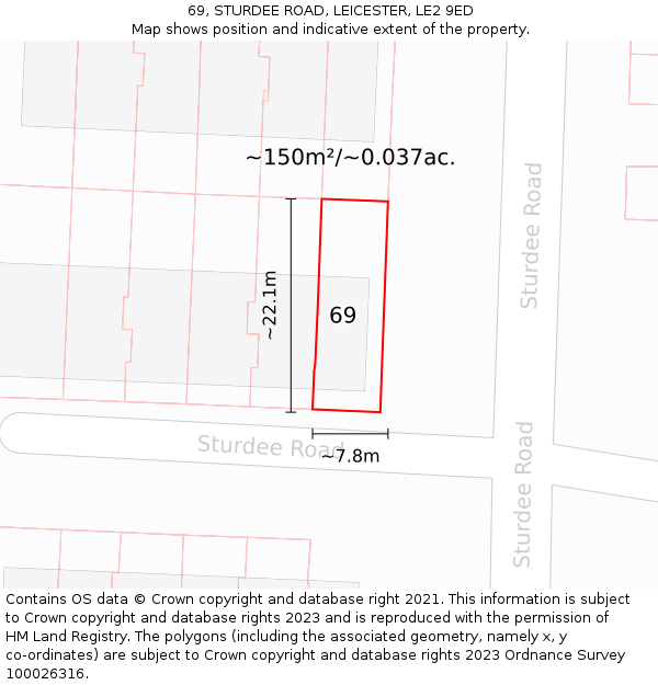 69, STURDEE ROAD, LEICESTER, LE2 9ED: Plot and title map