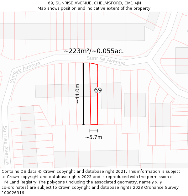 69, SUNRISE AVENUE, CHELMSFORD, CM1 4JN: Plot and title map