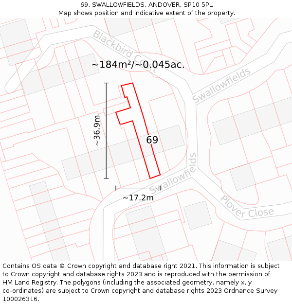 69, SWALLOWFIELDS, ANDOVER, SP10 5PL: Plot and title map