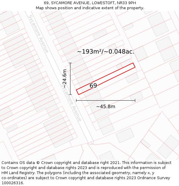 69, SYCAMORE AVENUE, LOWESTOFT, NR33 9PH: Plot and title map