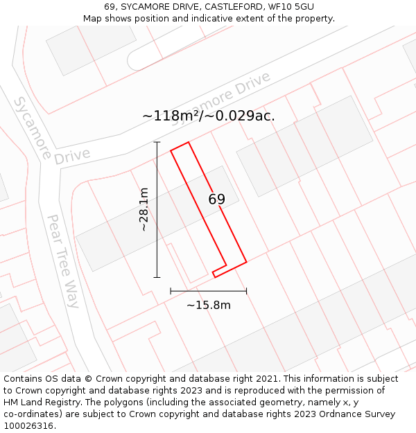 69, SYCAMORE DRIVE, CASTLEFORD, WF10 5GU: Plot and title map