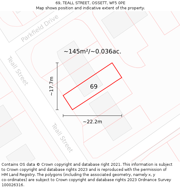 69, TEALL STREET, OSSETT, WF5 0PE: Plot and title map