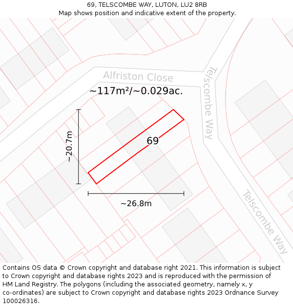 69, TELSCOMBE WAY, LUTON, LU2 8RB: Plot and title map