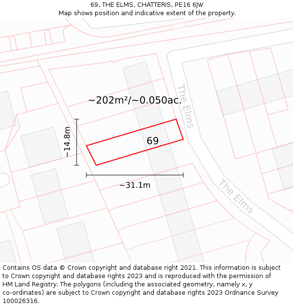 69, THE ELMS, CHATTERIS, PE16 6JW: Plot and title map