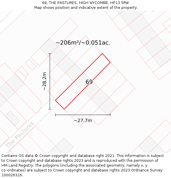 69, THE PASTURES, HIGH WYCOMBE, HP13 5RW: Plot and title map