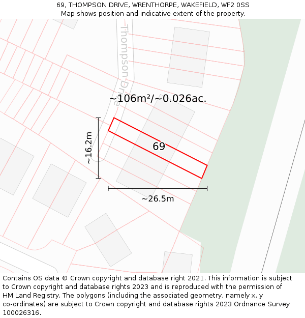 69, THOMPSON DRIVE, WRENTHORPE, WAKEFIELD, WF2 0SS: Plot and title map