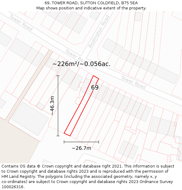 69, TOWER ROAD, SUTTON COLDFIELD, B75 5EA: Plot and title map