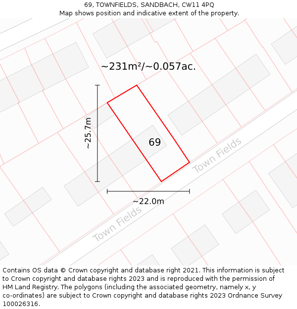 69, TOWNFIELDS, SANDBACH, CW11 4PQ: Plot and title map