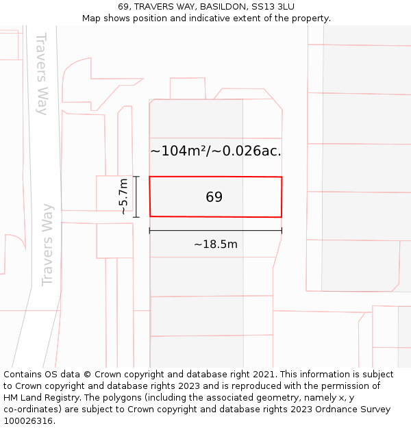 69, TRAVERS WAY, BASILDON, SS13 3LU: Plot and title map