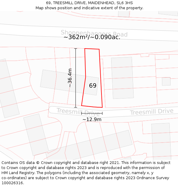 69, TREESMILL DRIVE, MAIDENHEAD, SL6 3HS: Plot and title map