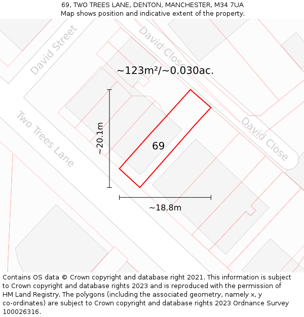 69, TWO TREES LANE, DENTON, MANCHESTER, M34 7UA: Plot and title map