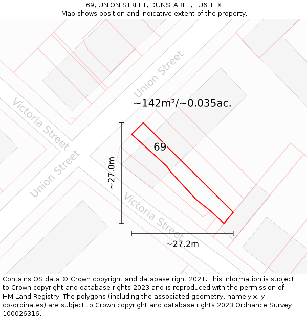 69, UNION STREET, DUNSTABLE, LU6 1EX: Plot and title map