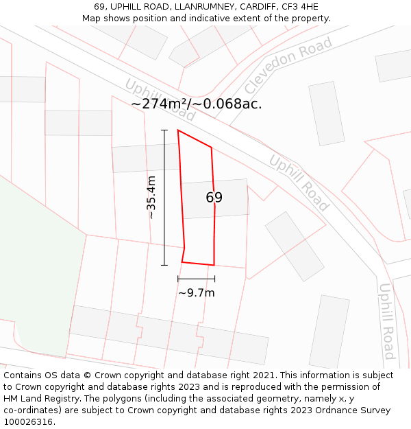 69, UPHILL ROAD, LLANRUMNEY, CARDIFF, CF3 4HE: Plot and title map