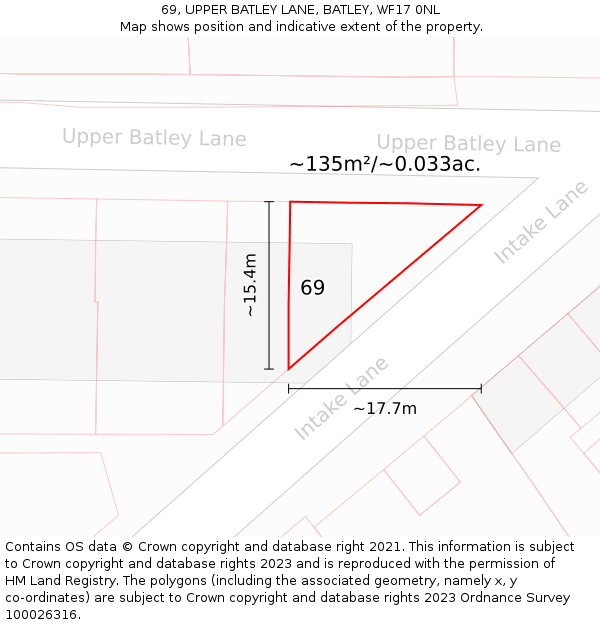 69, UPPER BATLEY LANE, BATLEY, WF17 0NL: Plot and title map