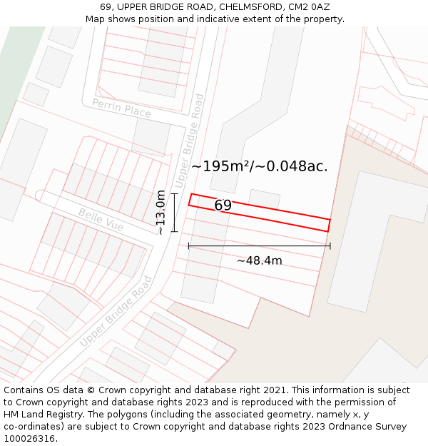 69, UPPER BRIDGE ROAD, CHELMSFORD, CM2 0AZ: Plot and title map