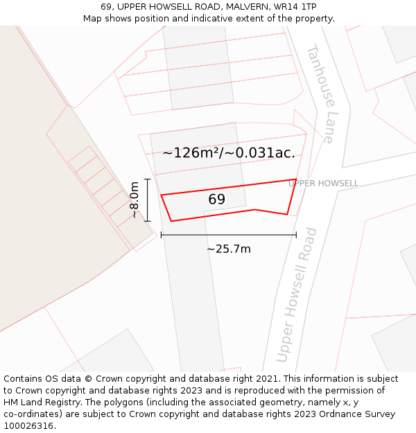 69, UPPER HOWSELL ROAD, MALVERN, WR14 1TP: Plot and title map