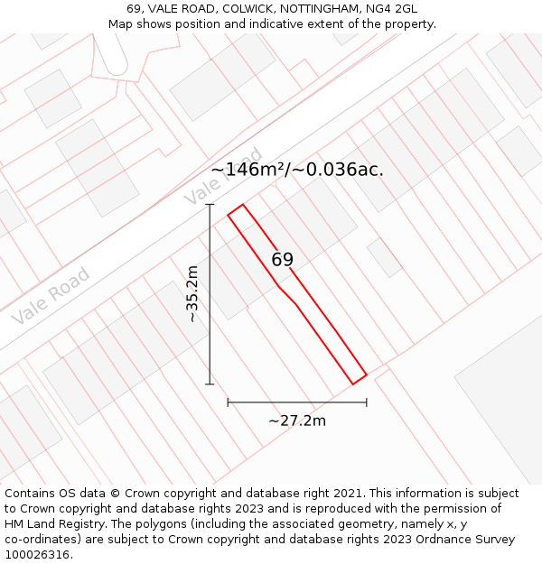 69, VALE ROAD, COLWICK, NOTTINGHAM, NG4 2GL: Plot and title map