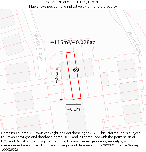 69, VERDE CLOSE, LUTON, LU2 7FL: Plot and title map