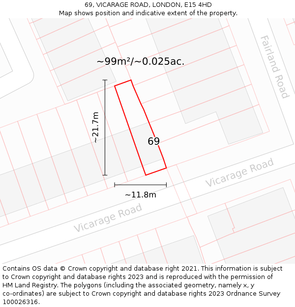 69, VICARAGE ROAD, LONDON, E15 4HD: Plot and title map