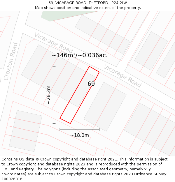 69, VICARAGE ROAD, THETFORD, IP24 2LW: Plot and title map