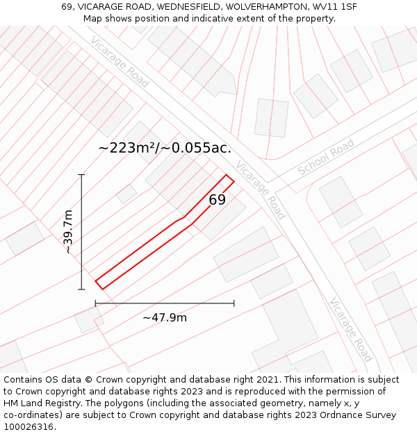 69, VICARAGE ROAD, WEDNESFIELD, WOLVERHAMPTON, WV11 1SF: Plot and title map