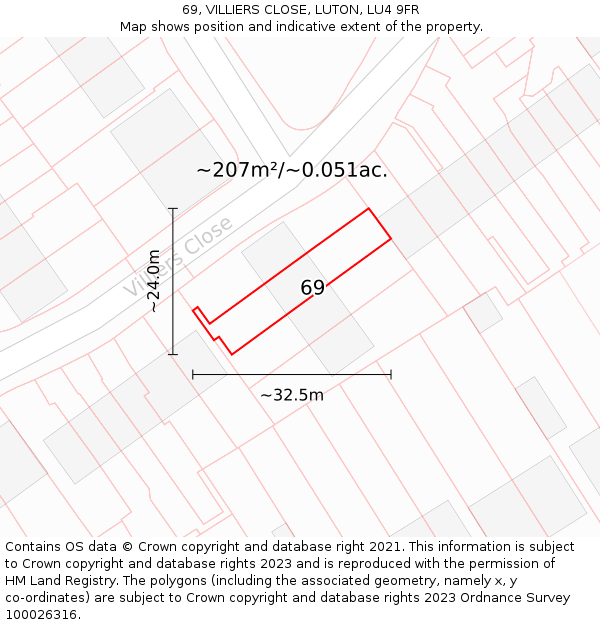 69, VILLIERS CLOSE, LUTON, LU4 9FR: Plot and title map