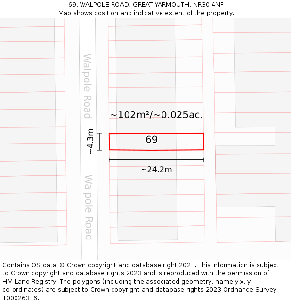 69, WALPOLE ROAD, GREAT YARMOUTH, NR30 4NF: Plot and title map