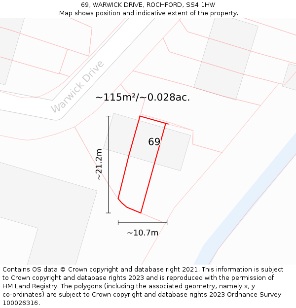 69, WARWICK DRIVE, ROCHFORD, SS4 1HW: Plot and title map
