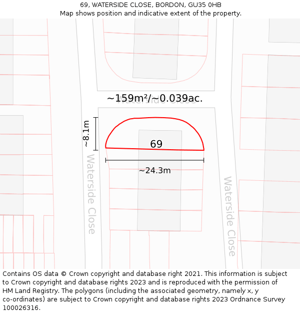 69, WATERSIDE CLOSE, BORDON, GU35 0HB: Plot and title map