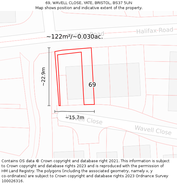 69, WAVELL CLOSE, YATE, BRISTOL, BS37 5UN: Plot and title map