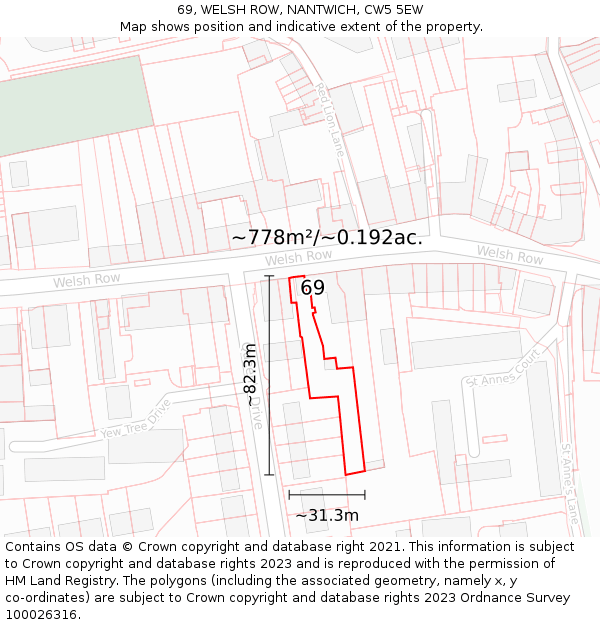 69, WELSH ROW, NANTWICH, CW5 5EW: Plot and title map