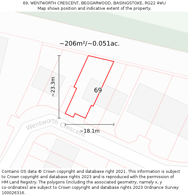69, WENTWORTH CRESCENT, BEGGARWOOD, BASINGSTOKE, RG22 4WU: Plot and title map