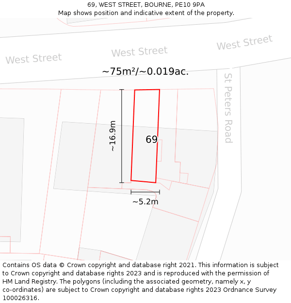 69, WEST STREET, BOURNE, PE10 9PA: Plot and title map