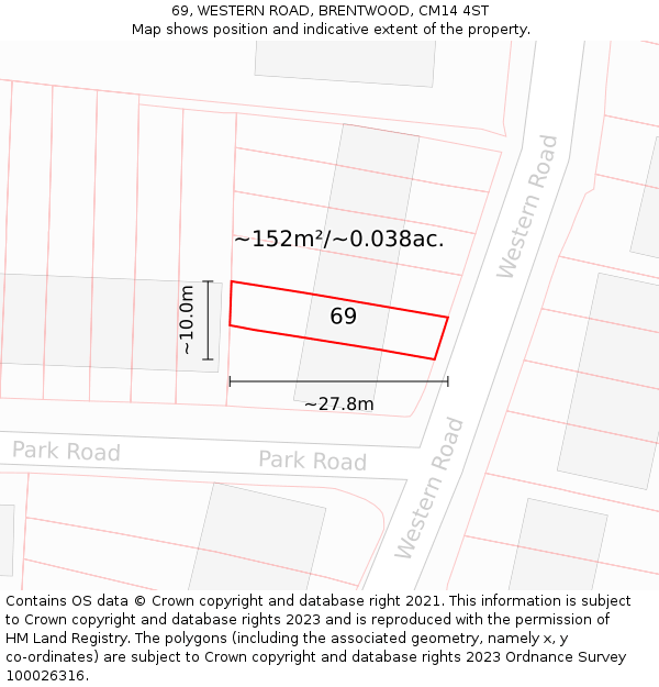 69, WESTERN ROAD, BRENTWOOD, CM14 4ST: Plot and title map